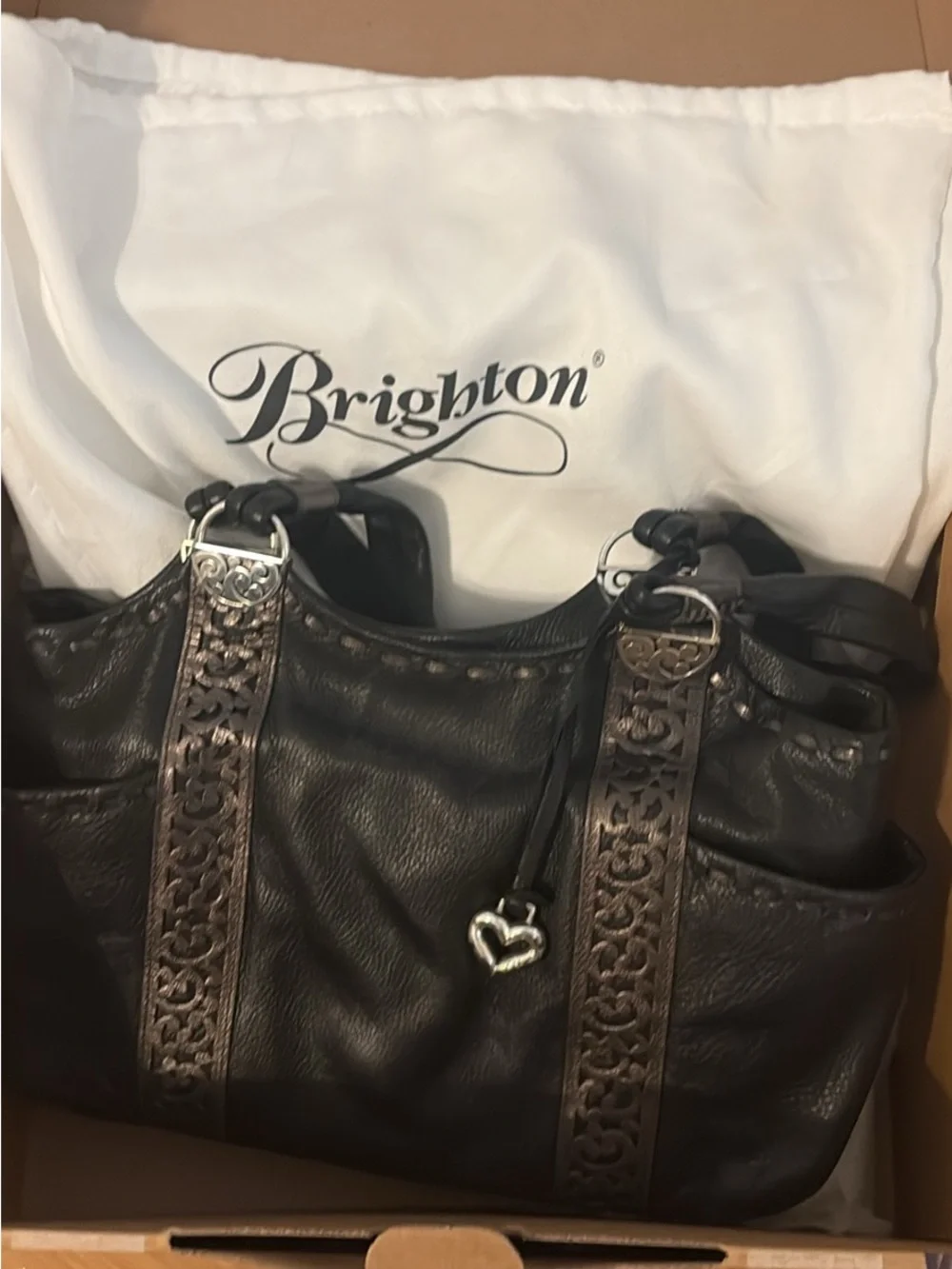 Brighton Black and Dark Brown Leather Shoulder Bag with Heart Charm